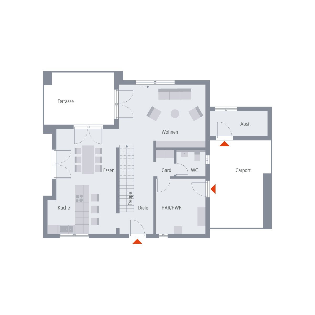 Beim Ankommen liegen Eingang und Außenbereich beieinander