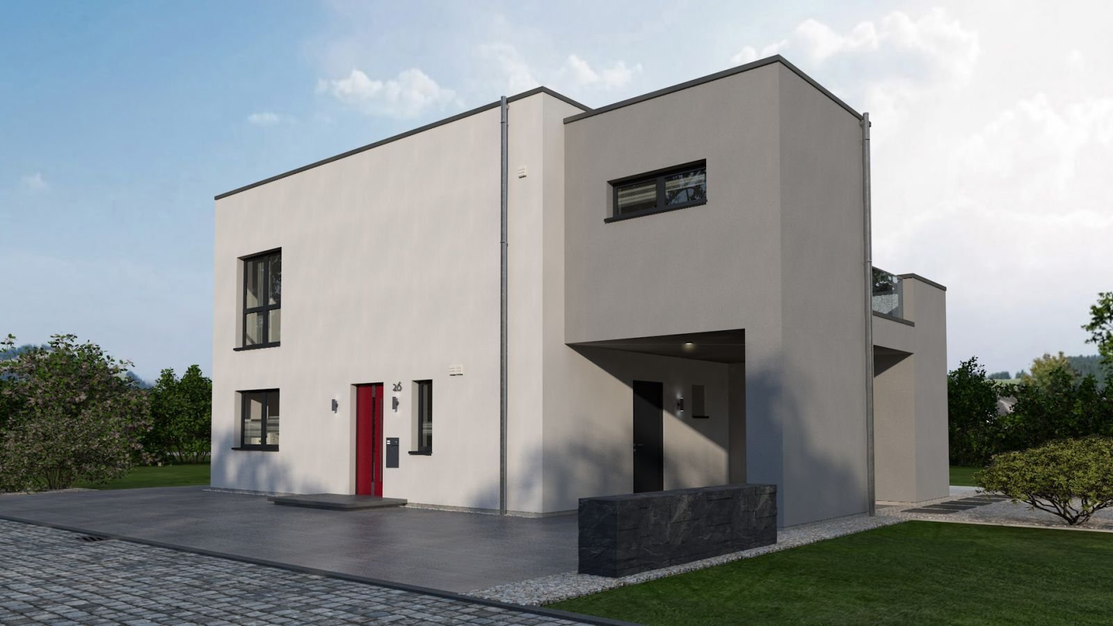 Man erreicht das Haus geschützt über einen überdachten Zugang