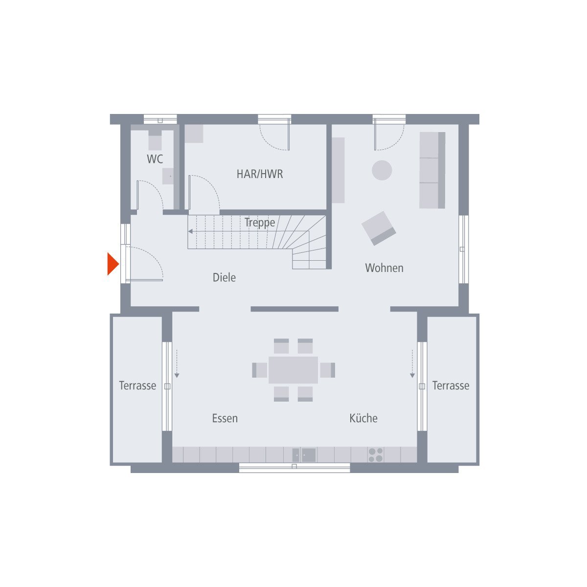 Man kommt rein und steht im Wohn-Koch-Bereich