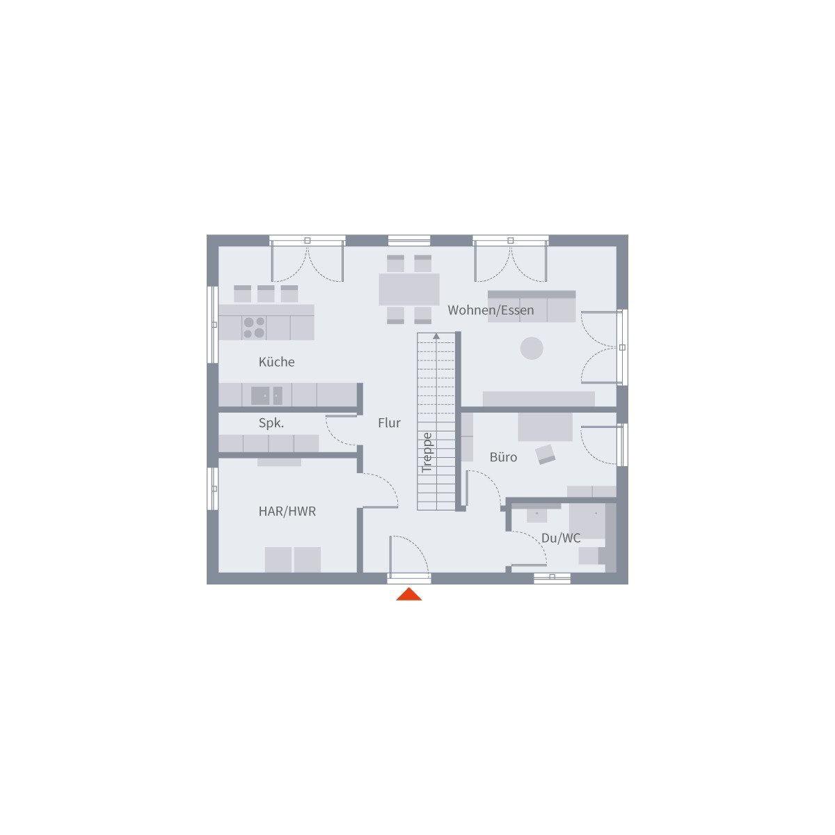 Seitlich liegen Büro und Hauswirtschaftsraum