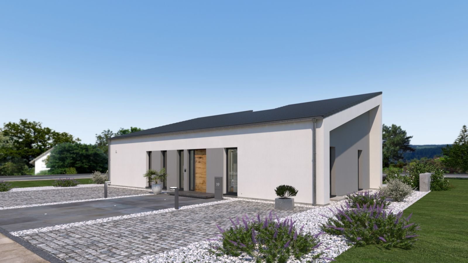 Vom Flur zeigt der Bungalow klare Wege zum Wohnbereich unter dem Pultdach