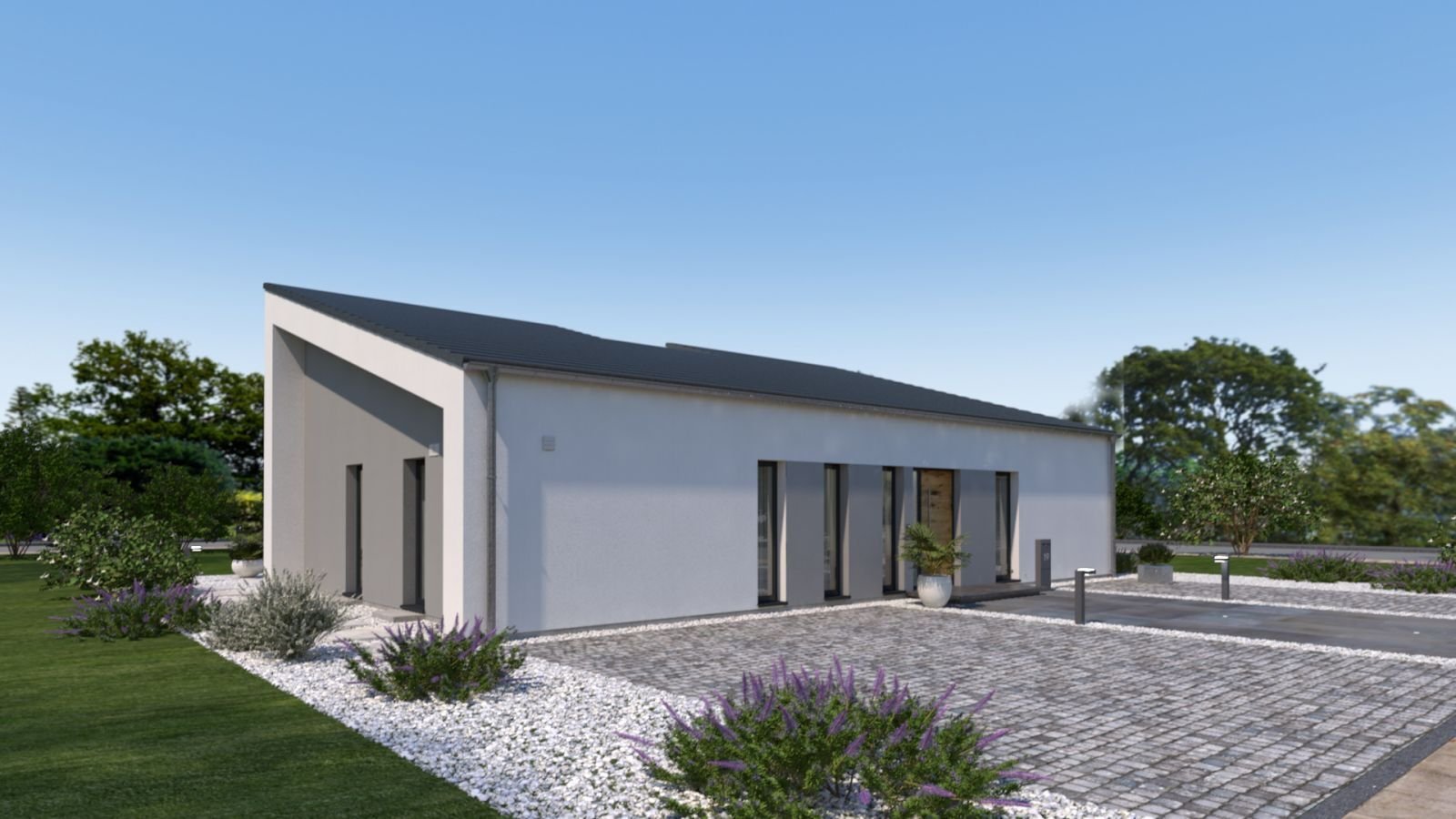 Vom Flur zeigt der Bungalow klare Wege zum Wohnbereich unter dem Pultdach