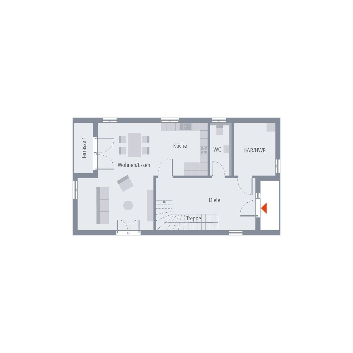 Eingang führt direkt in die Diele und verbindet Wohnbereich und Nebenräume