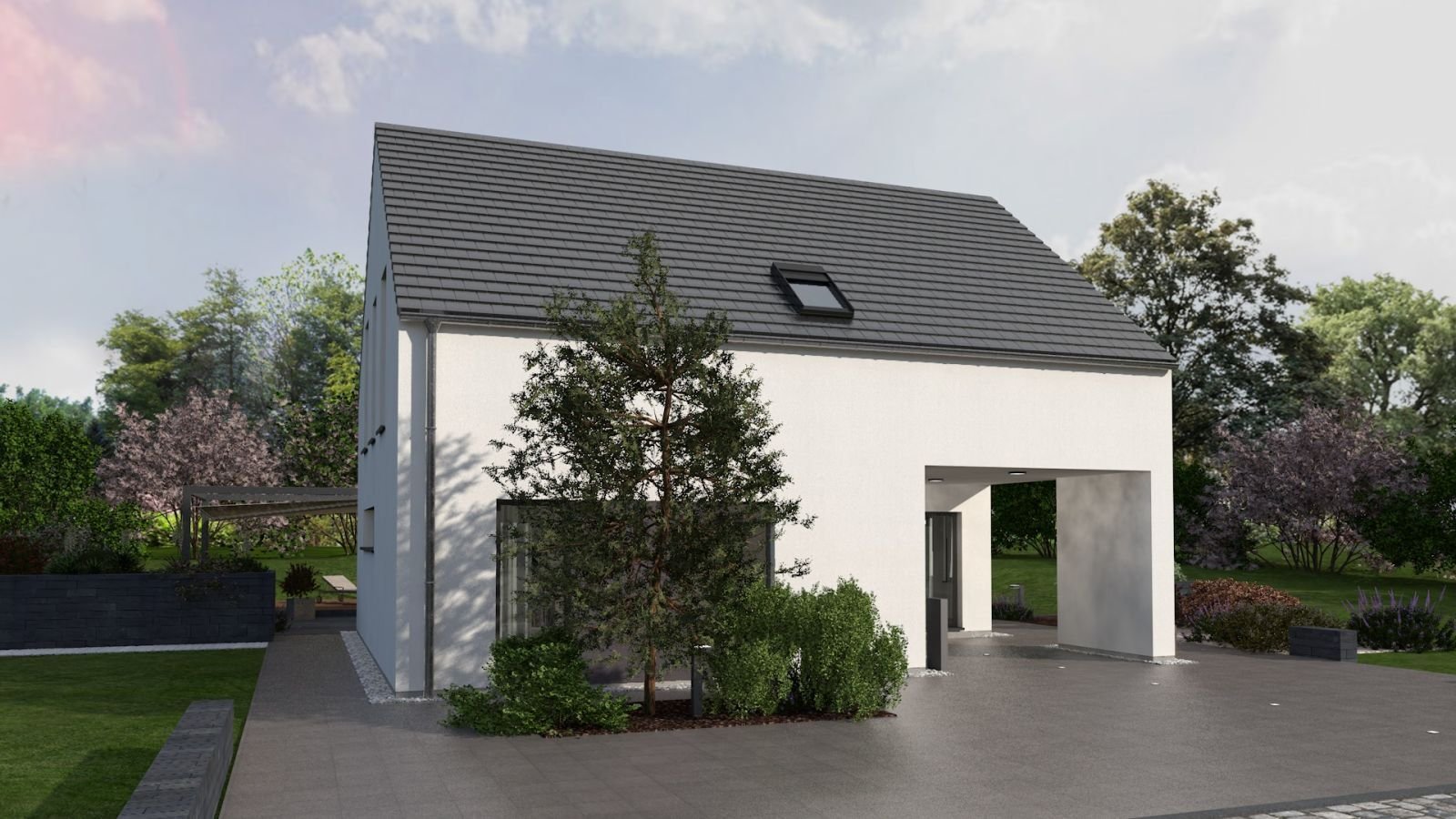 Im Carport bleibt's trocken. Unten Familie, oben jedes Kind sein Zimmer.