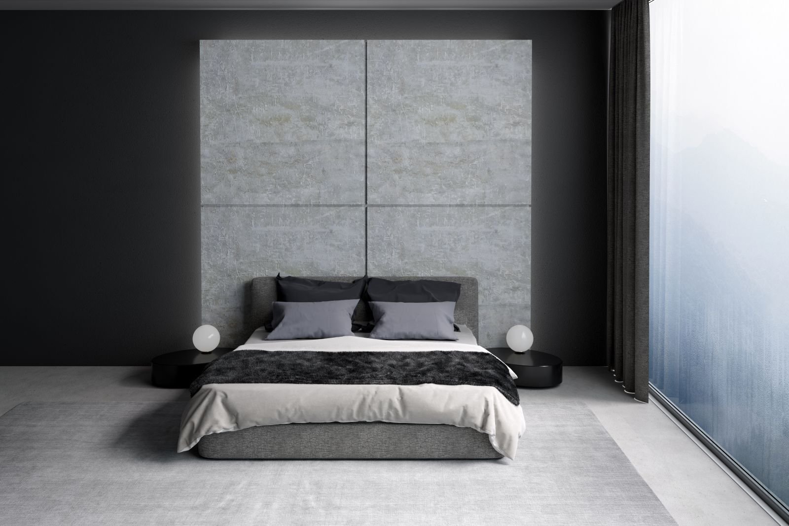 Schlafzimmer mit Betonwand und Doppelbett