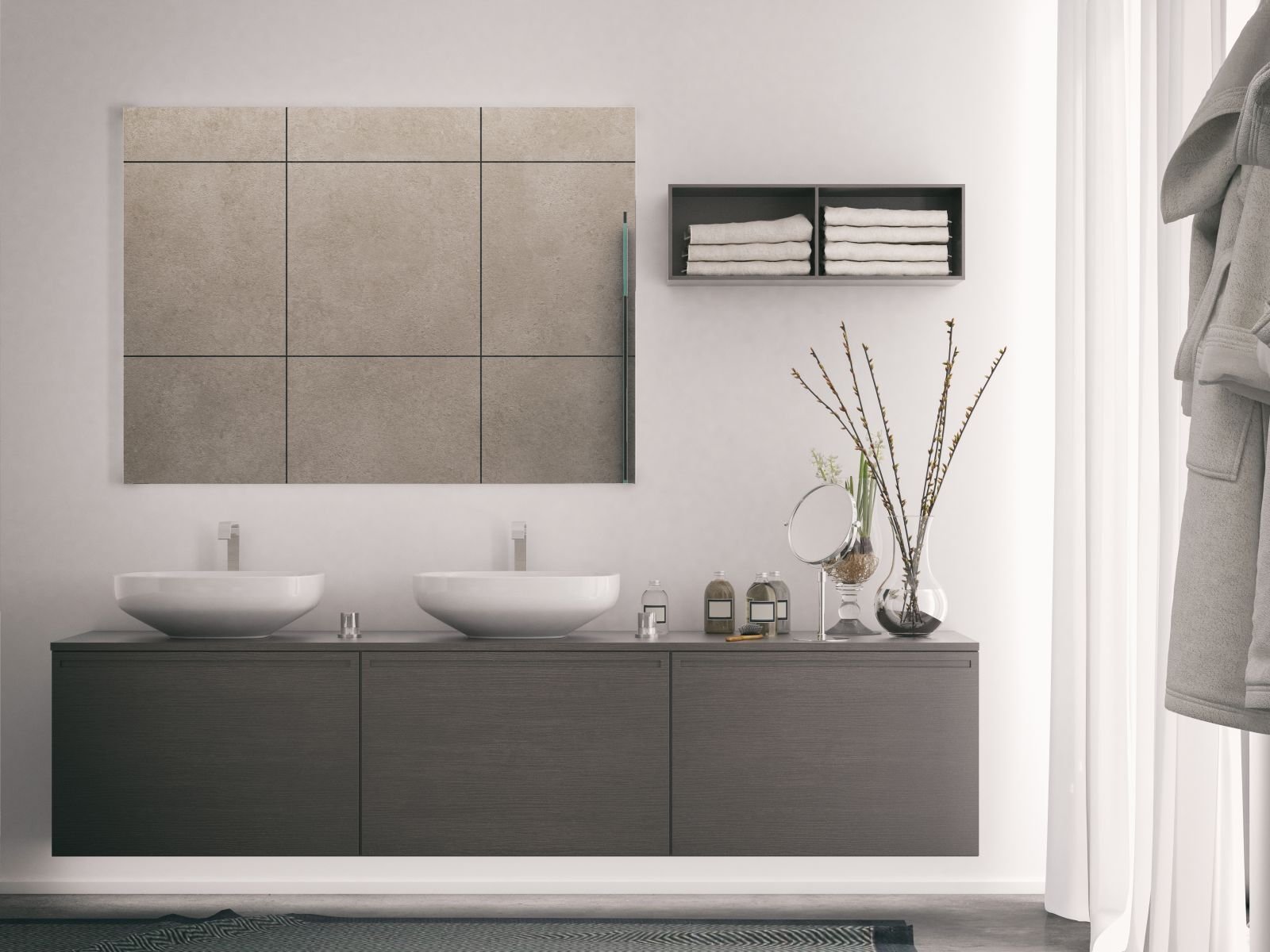 Doppelwaschbecken auf Unterschrank mit Spiegel und Handtuchregal