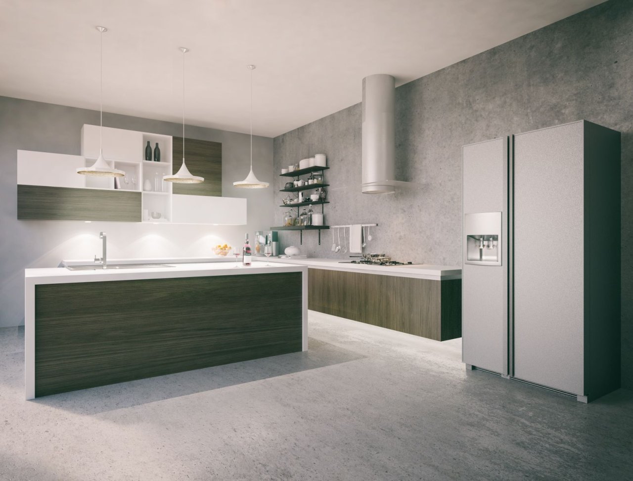 Küche mit dunkler Holz-Kochinsel und Küchenzeile