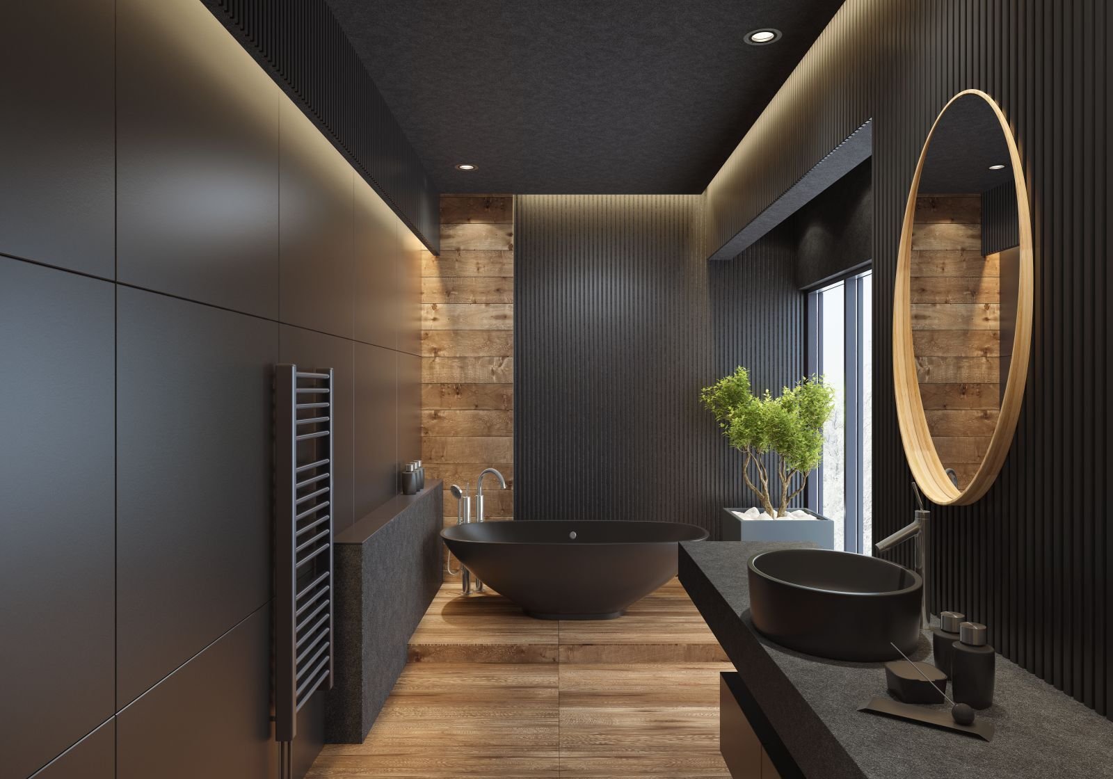 Modernes Badezimmer mit freistehender Badewanne und Holzdetails