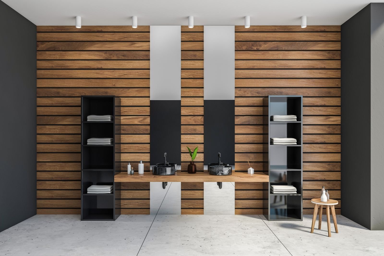 Badezimmer mit Waschtisch und Doppelwaschbecken aus Holz