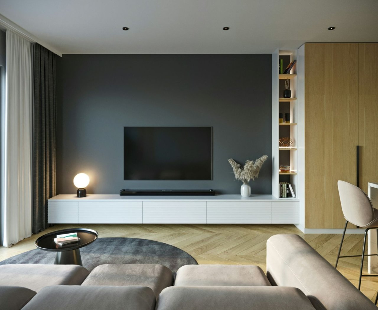 Modernes Wohnzimmer mit TV-Wand