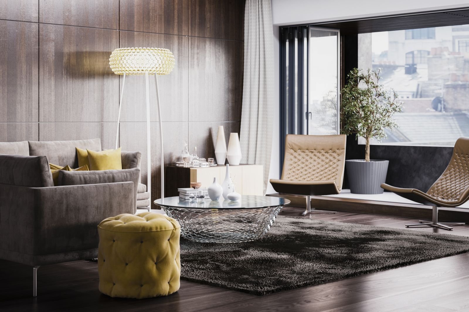 Wohnraum mit bodentiefem Fenster und moderner Einrichtung