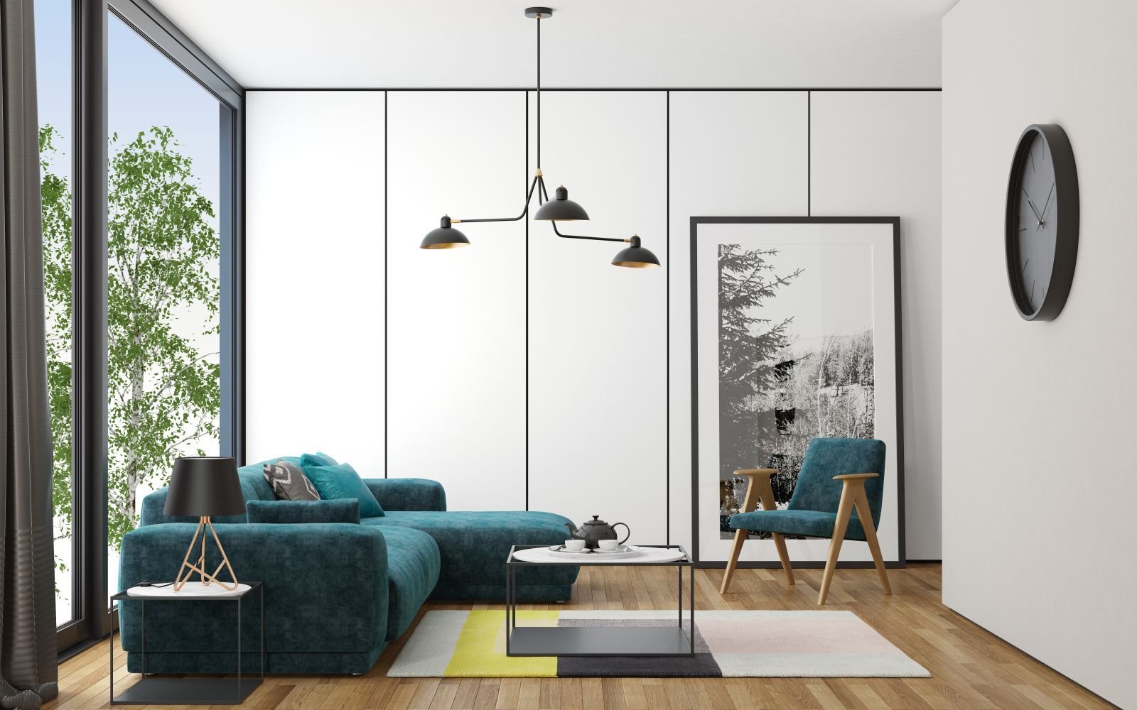 Wohnzimmer mit türkisfarbenem Sofa und Designleuchte