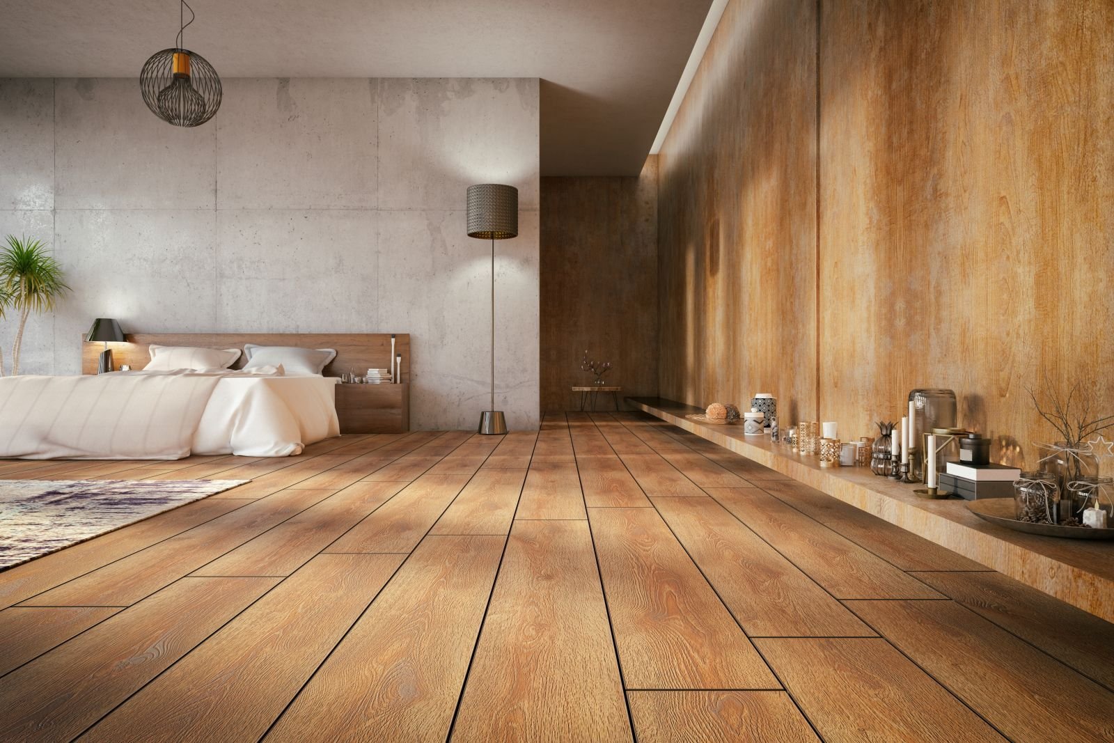 Schlafzimmer mit Bett und Holzboden Schlafzimmer mit Bett und Holzboden