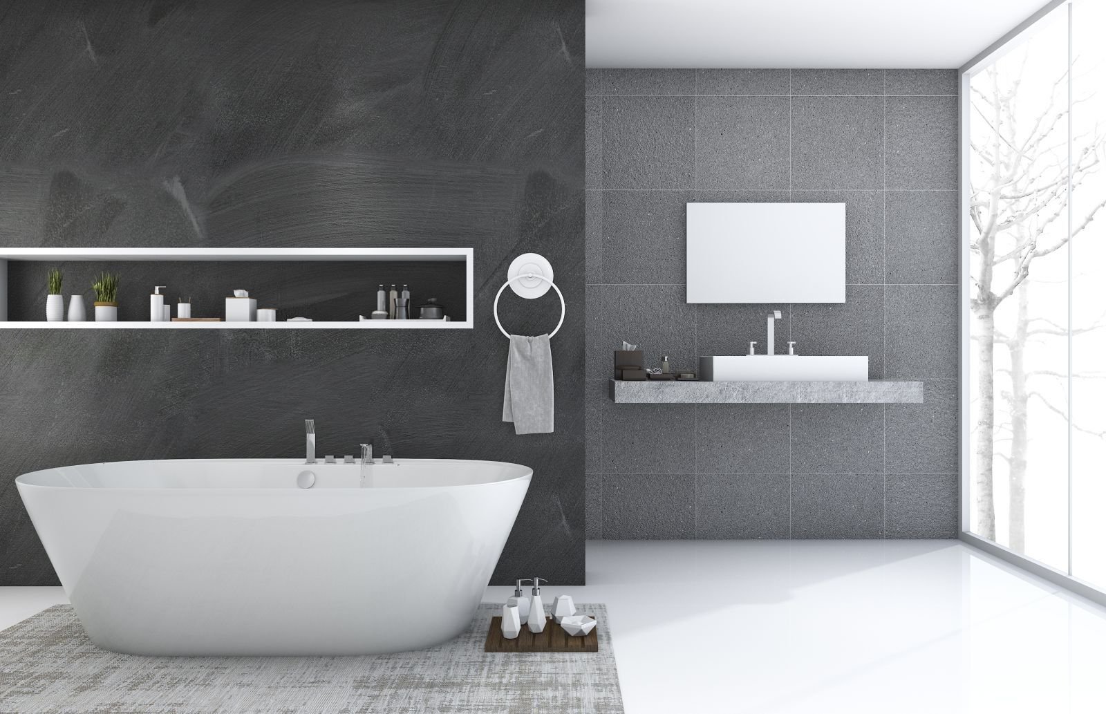 Badezimmer mit freistehender weißer Badewanne Badezimmer mit freistehender weißer Badewanne